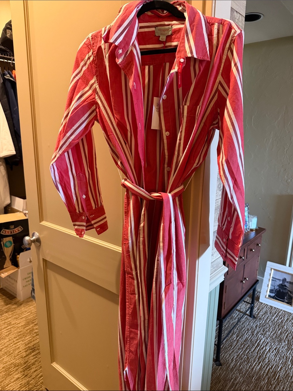 Striped Red and White Casual Button-Down Shirt Dress